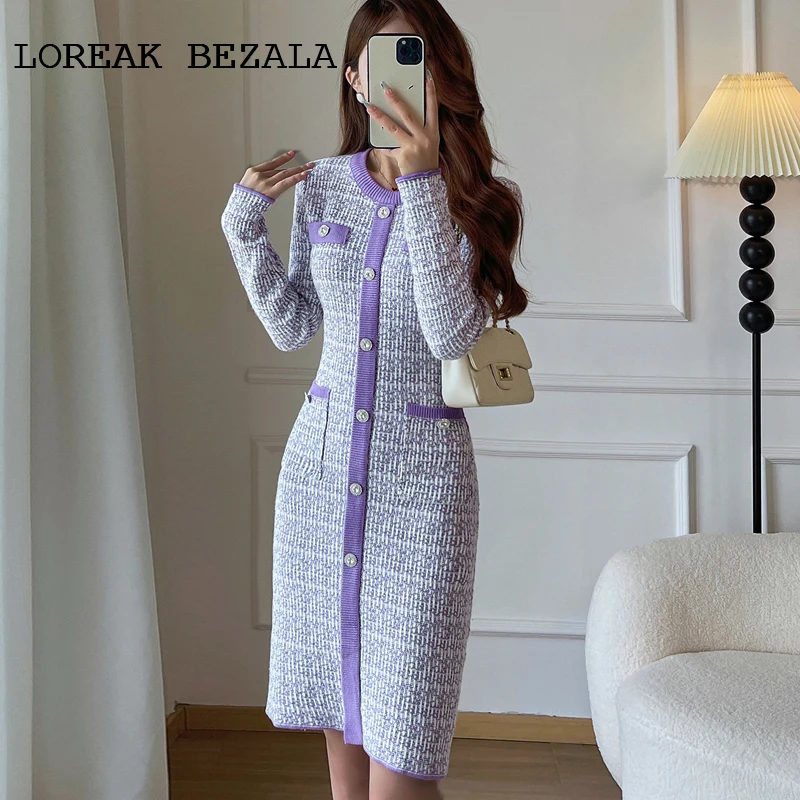 

Фиолетовое женское трикотажное платье, жаккардовое эластичное платье с французским ароматом, весенне-осеннее платье для светского отдыха, цельное мини-платье