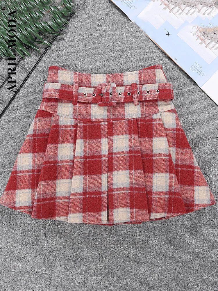 

Retro Vintage Woolen Plaid Pleated Skirt Women Autumn Winter Korean Style Harajuku Kawaii High Waist Patchwork A-line Mini Skirt