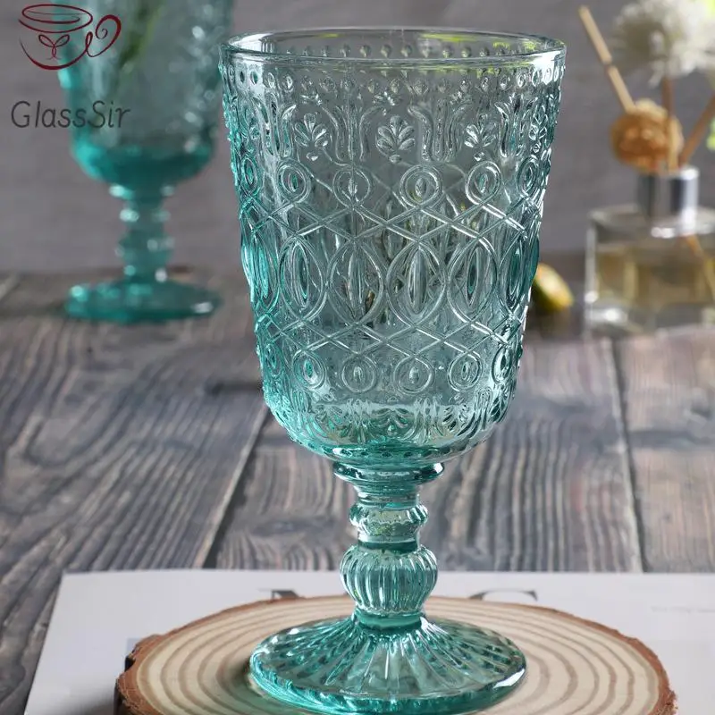 2Pcs Vintage Relief Wine Glass Cups Color Embossed Goblet Home Juice Water Cup Wedding Party Champagne Cocktail Cup Gift 350Ml