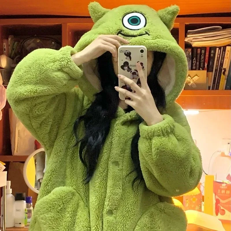 Cartoon Animal Pajamas Women's Winter Kigurumi Unicorn Coral Fleece Thickened One-Piece Plush Cute Long Hooded Robe Home Slipper