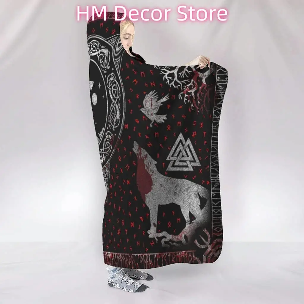 Viking Wolf Hooded Blanket Super Soft Warm Nordic Raven Pattern Throw Plush Fleece Blanket Wearable Hoodie Blank