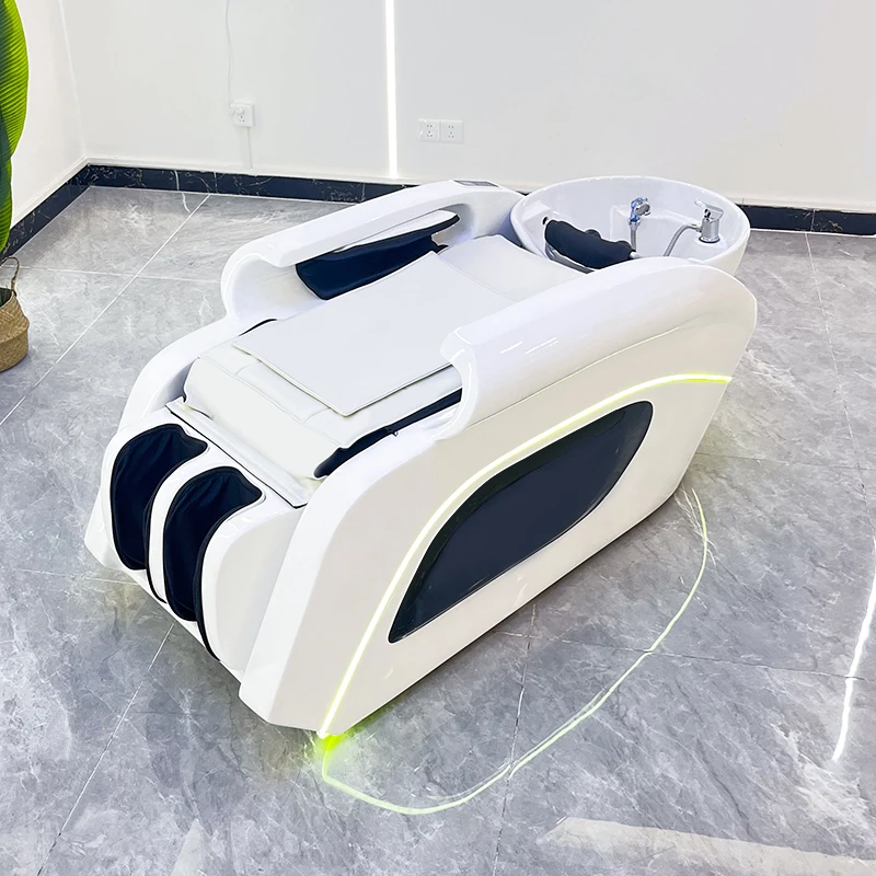 Multifunctional Electric Shampoo Bed With Full‑Body Massage LED Light Hair Washing Chair Ceramic Sink for Hair Salon Beauty SPA