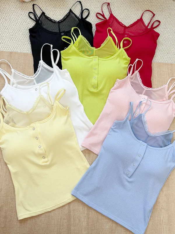 Ta an Li Lace Patchwork Button down Vest Integrated Inner And Outer Wear Slim Fit Top with Chest Pad round Neck Design