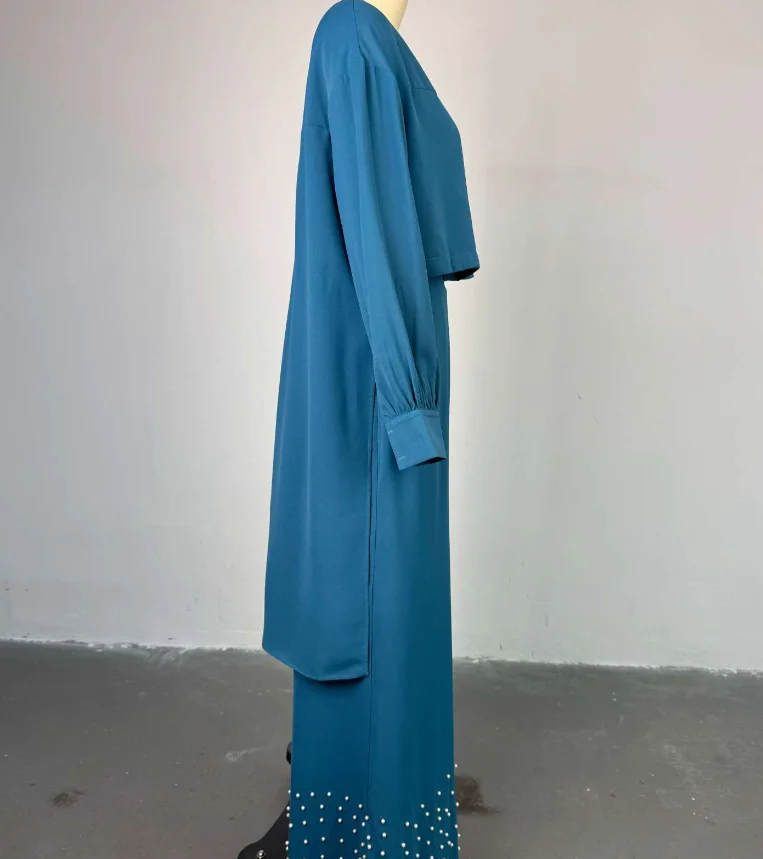 Women's Sets Fresh and Sweet Trousers Outfits 2025 Spring/Summer New Round Neck Lantern Sleeve Top & Beaded Wide Leg Pants Set