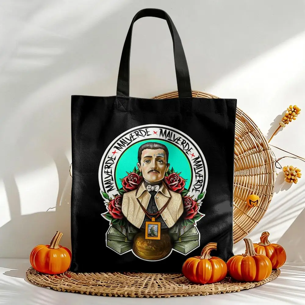 J-Jesus Malverde Bolsas de almacenamiento de lona con estampado de doble cara para mujer, bolso grande, duradero, para playa, picnic, plegable, regalo ecológico