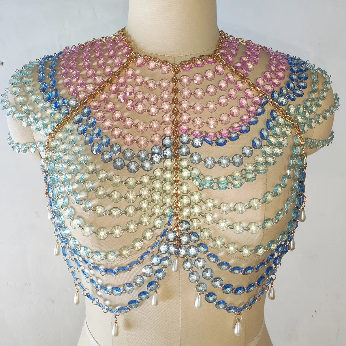Handmade Lingerie Harness Beaded Bra Halter Neck See-through Tassel Hollow Out Tops Body Beachwear Exaggerated Beaded Neck Bra