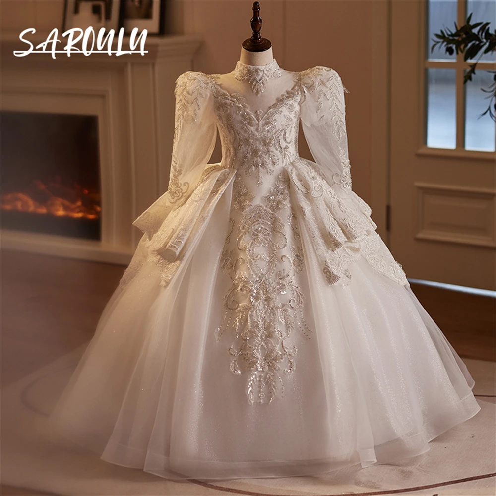 Robe de princesse de luxe pour filles, manches longues bouffantes, fermeture à lacets réglable, robes florales en dentelle perlée, robe de soirée