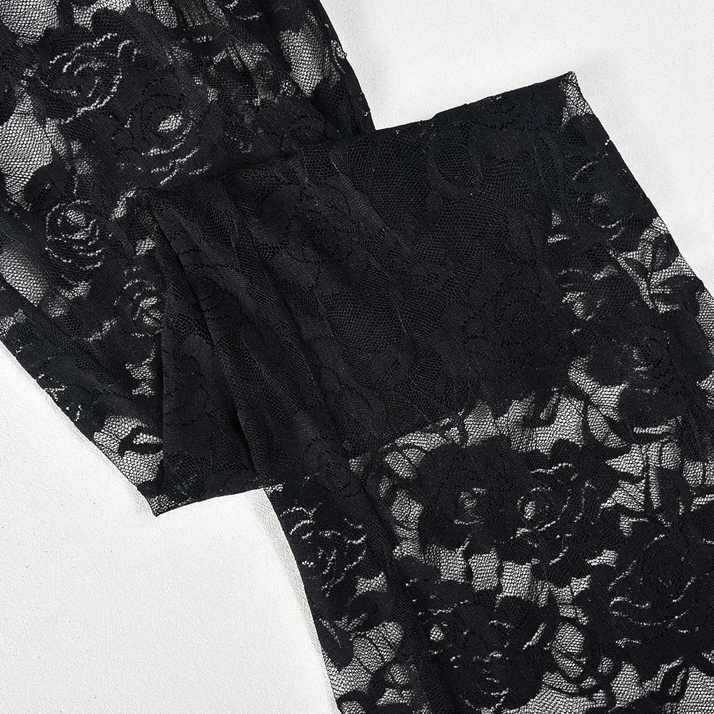Mesh Lace See Through Sexy 2 Piece Sets Womens Outfits Long Sleeve Round Neck Bodysuit Top and Skirt Pants Leggings Streetwear