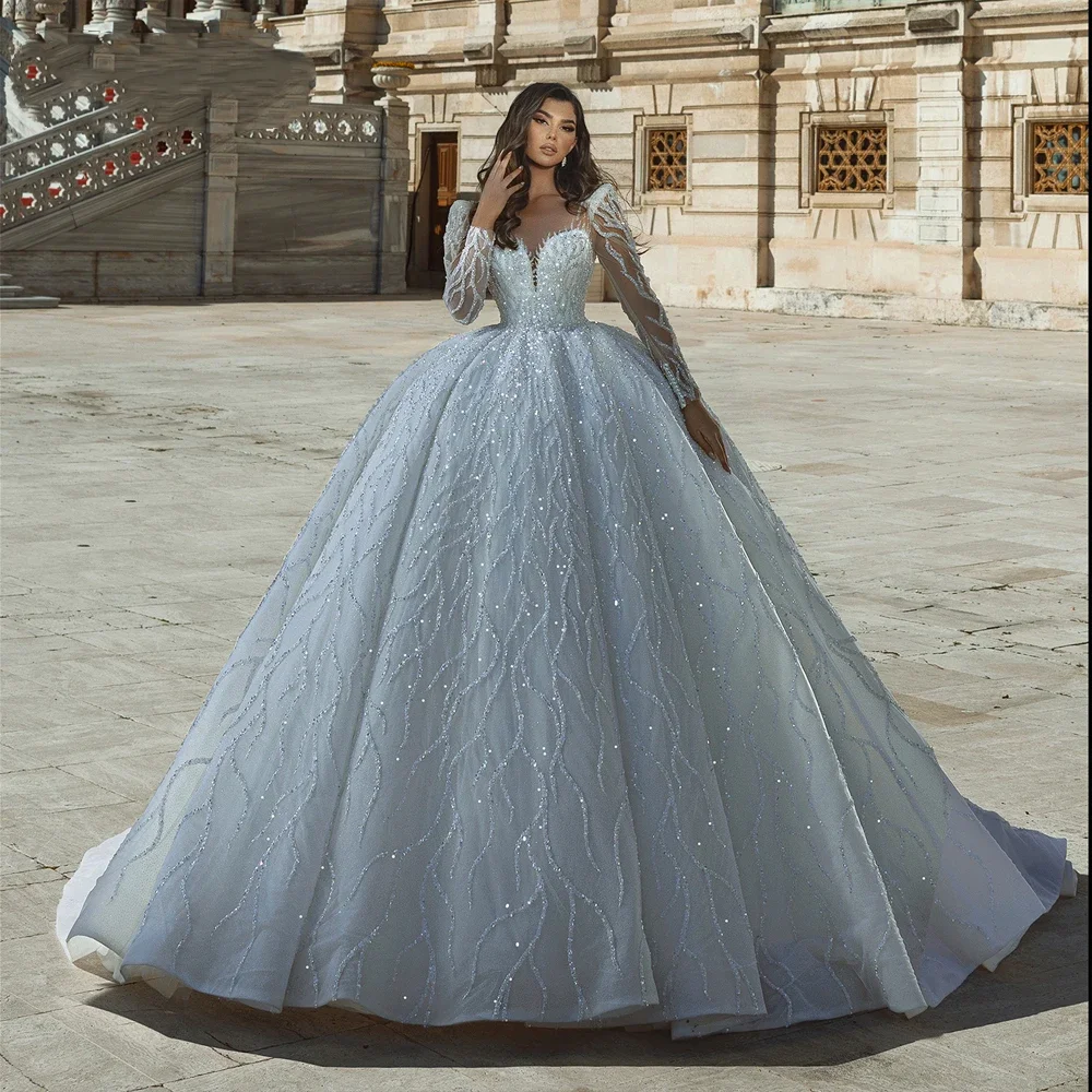 ชุดแต่งงานเจ้าหญิงหรูหราสั่งทำพิเศษ ประดับด้วยลูกปัด มุก ปักลายลูกไม้ คอวี กระโปรงเจ้าสาว Vestido de novia