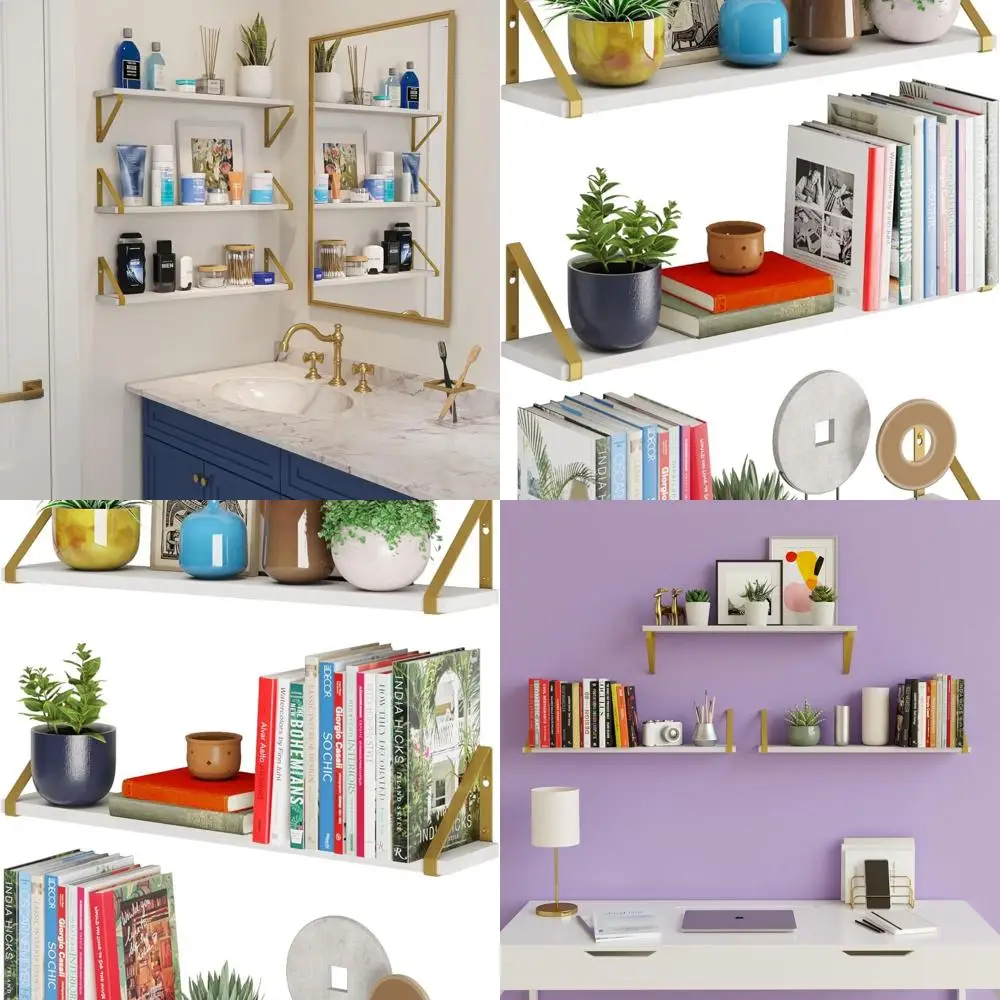 

Gold Bracket White Floating Shelves Set of 3, Suitable for Living Room, Bedroom, Bathroom, and Home Office Decor