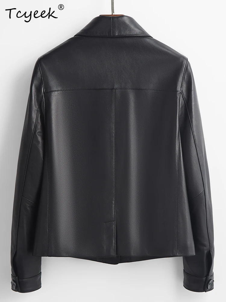 Tcyeek Giacca in vera pelle di pecora Plus Size Primavera Autunno Risvolto a maniche lunghe Nero Giacche corte Chaqueta Cuero Mujer