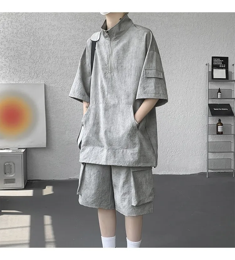 2026 Sommer Hong Kong Style Halb-Reißverschluss-Färbe-Set aus Eisseide mit Kühlfunktion, zweiteiliges Sportswear-Outfit im Hanfu-Stil mit kurzen Ärmeln – Detail 23