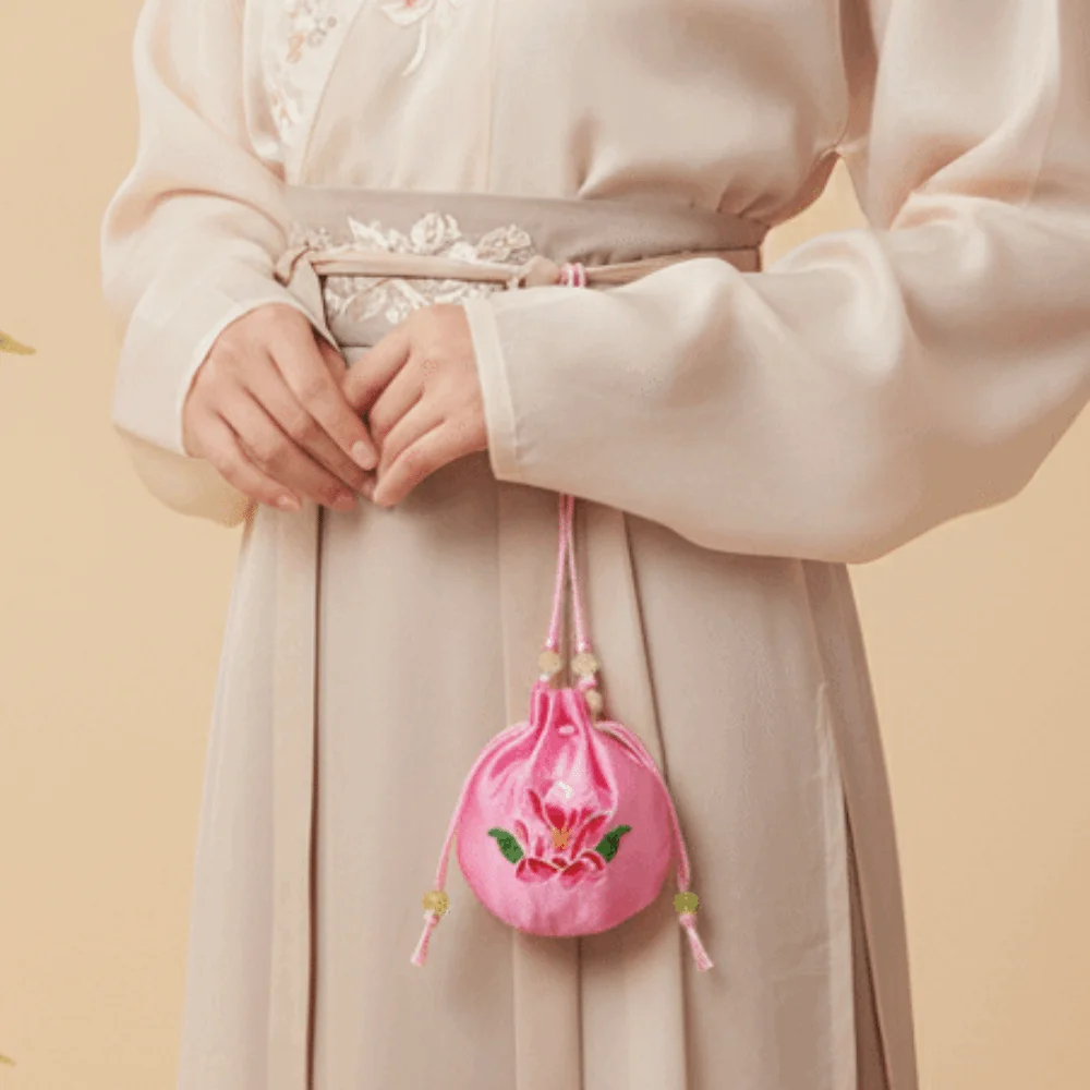 Lotus Embroidery Embroidered Sachet Silk Satin Beads Lotus Drawstring Bag Drawstring Closure Vintage Style Vintage Chinese Pouch
