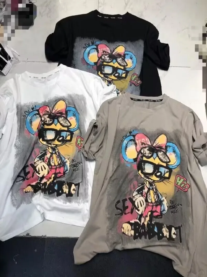 

Retro American Oversized T Shirt Summer New Cartoon Glasses Mickey Letter Print Clothes Loose Slimm Versatile Short Sleeved Tops