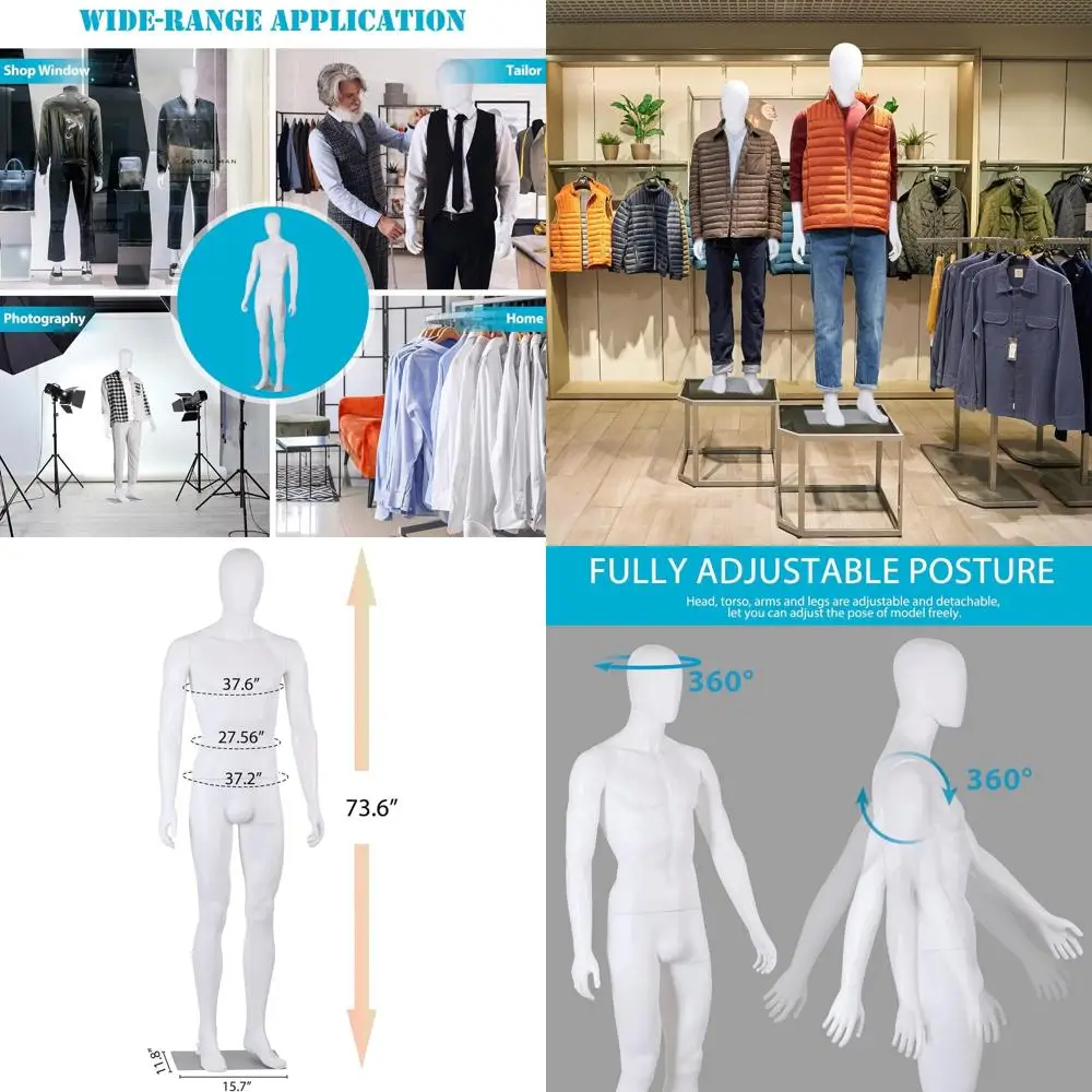 

73 Inch Full Body Male Mannequin with Adjustable Posture and Flexible Limbs for Realistic Display, White