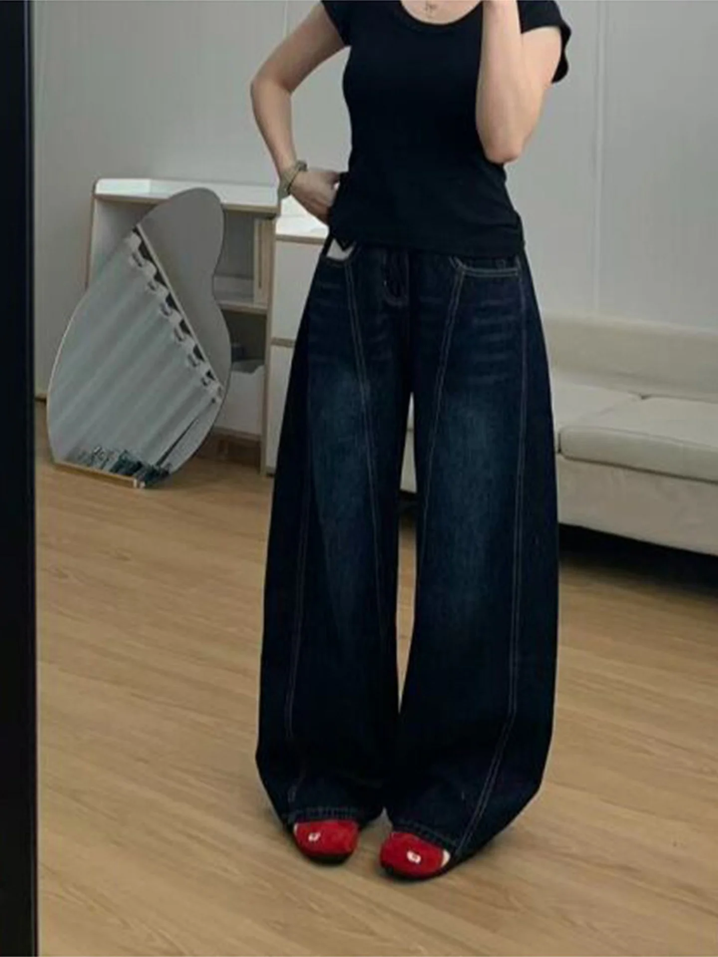 plus Size American Design Deep Color Small ket Wide Leg Jeans Women's Loose Fit Autumn Winter New Sle Casual Straight Jeans