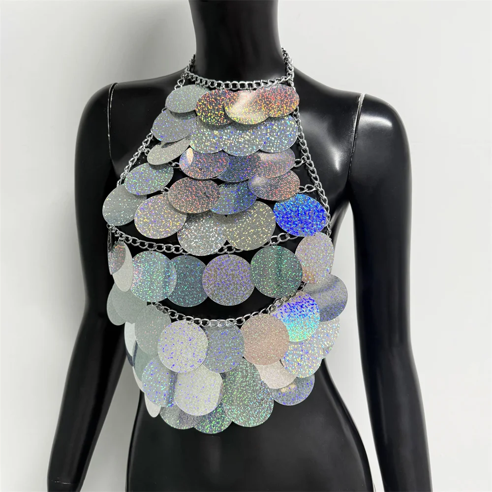Damen Metall-Pailletten Rückenfreies Top Sexy Ausgeschnittenes Neckholder-Oberteil Handgefertigtes Träger-Top Rave Festival Party Tanktop Crop Top – Detail 15