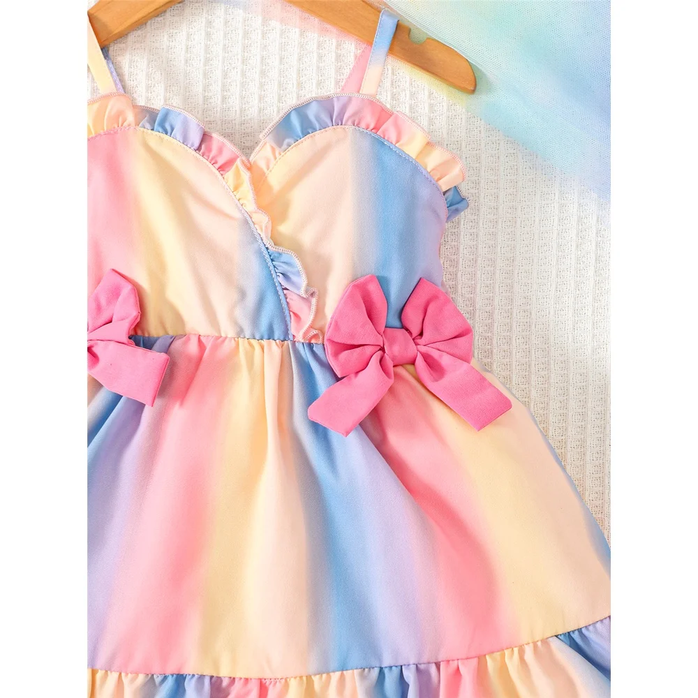 0-3 Years Baby Girl Rainbow Color Dress Fashion Suspender Bow Dresse Sweet Toddler Girl Summer Daily Gatherings Wear