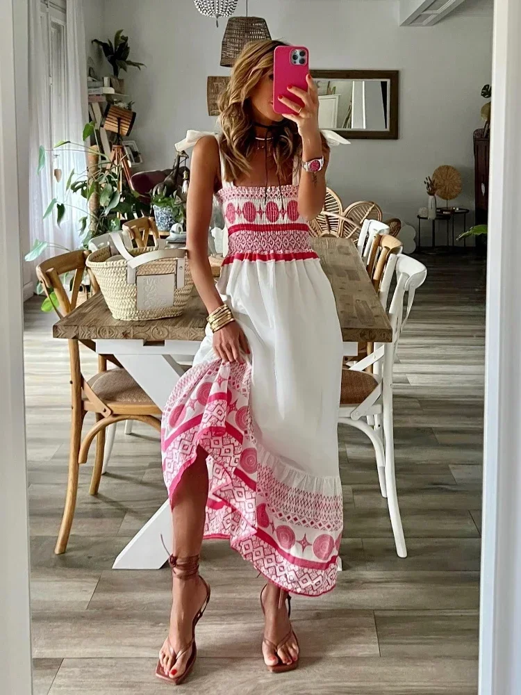 Maxi gonna da donna con stampa rossa con scollo dritto in pizzo Beach Party Design a pieghe Princess Fan Patchwork Style Diamond Pattern