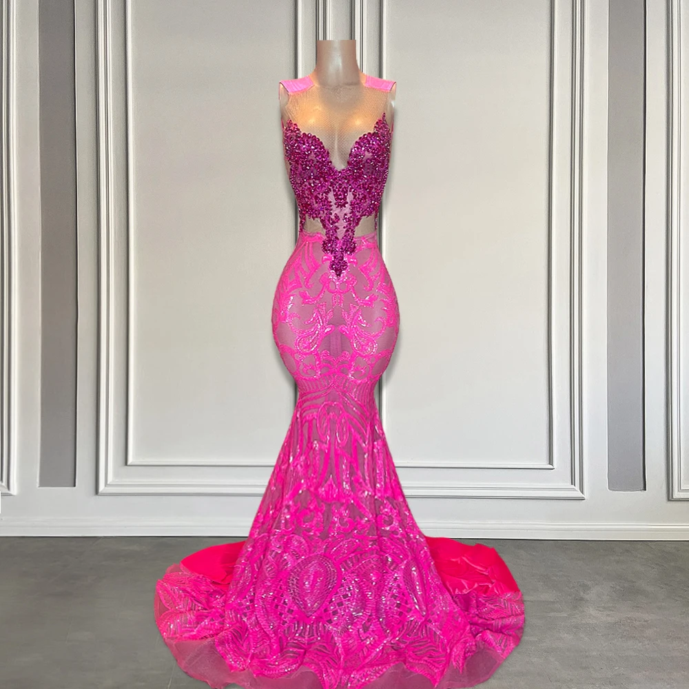 

Glitter Lace Mermaid Prom Dress with Crystal Bodice Fuchsia Pink Sheer Mech Long Black Girls Prom Birthday Gowns Customized