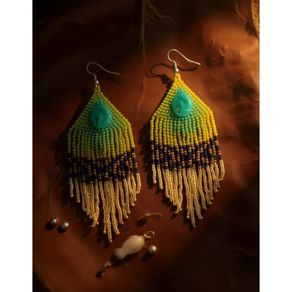 

Серьги ручной работы с бисером и кисточками в стиле бохо, эффектные, с бахромой, висячие, для женщин