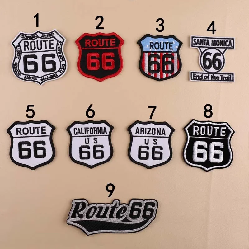 California Route 66 Badges Cloth Appliques Santa Monica Trail End Iron on Embroidery Patches America Arizona US Emblem Stickers