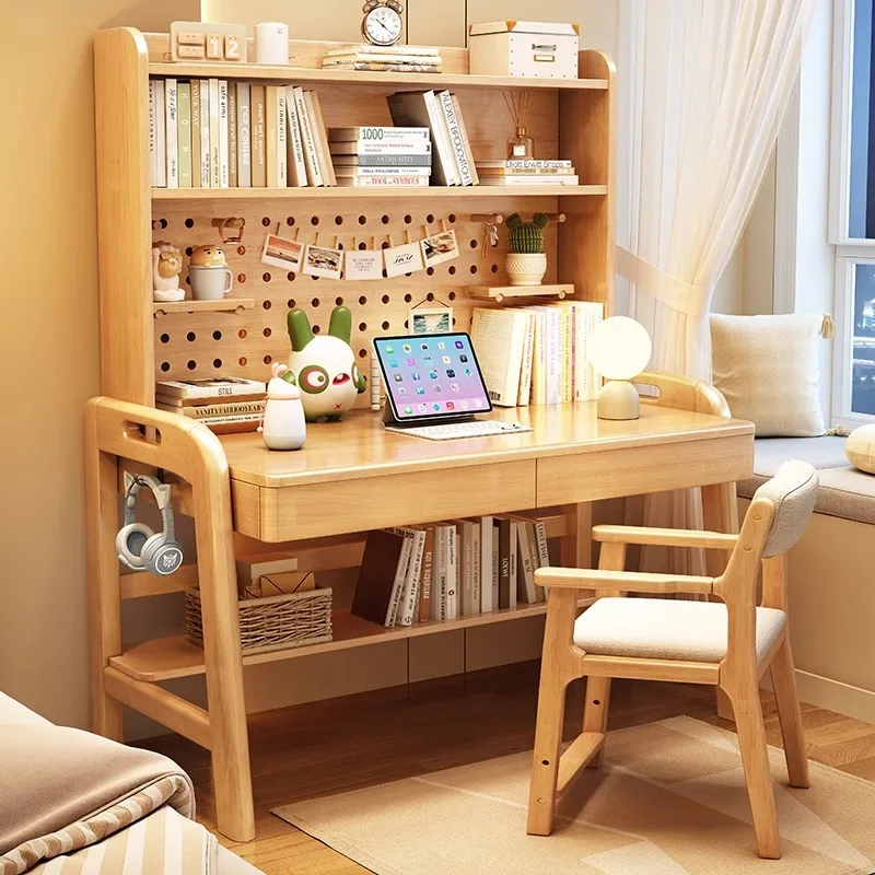 Nordic solid wood desk bookshelf integrated multi-functional home study table bookcase combination computer desk