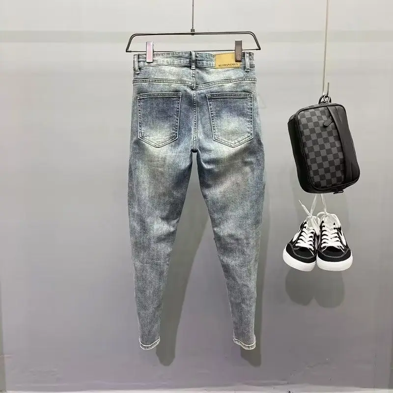 新 2025 高品質ヴィンテージブルースキニージッパーパッチワークオートバイパンツ男スリムフィットジーンズ男プリーツ男デザイナージーンズ