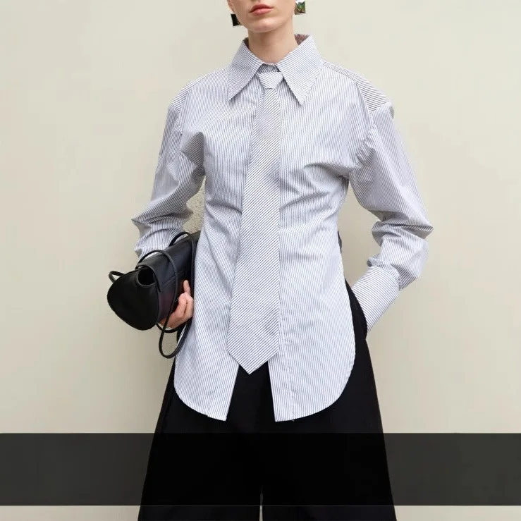 

Ladies' Fashion Sweet Shirt Autumn Winter Loose Retro Elegant Blue Striped Blouse Designer Tie with Side Slit Top