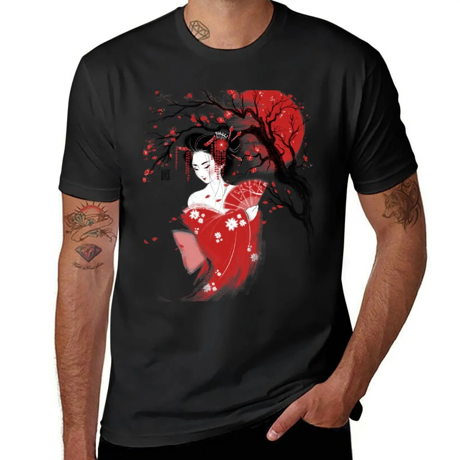 Red Geisha T-Shirt sports fans aesthetic clothes oversized t shirt men