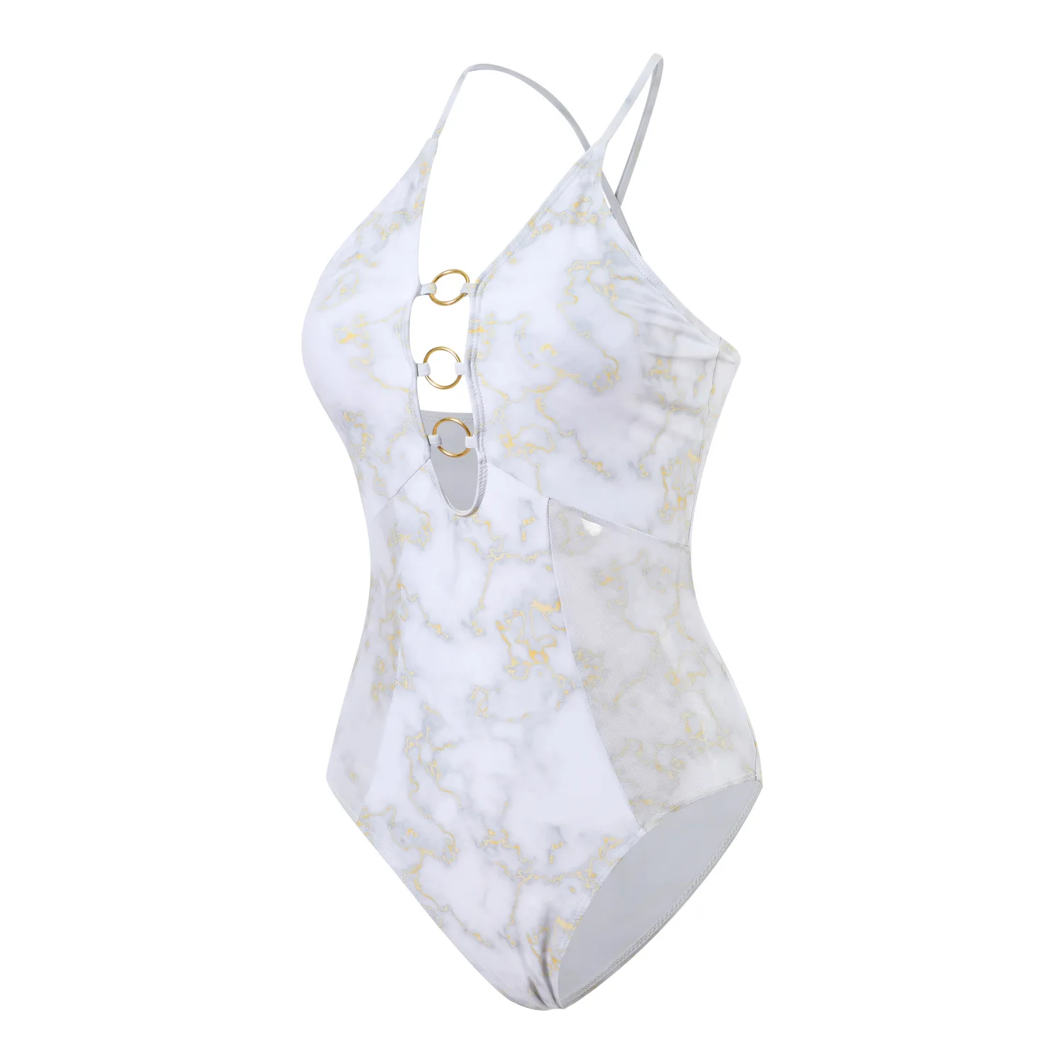 Marble Print Crisscross One Piece Swimsuit for Women 2025 Gold Ring Tummy Control Swimsuit Push Up Bathing Suit Beach Vacation