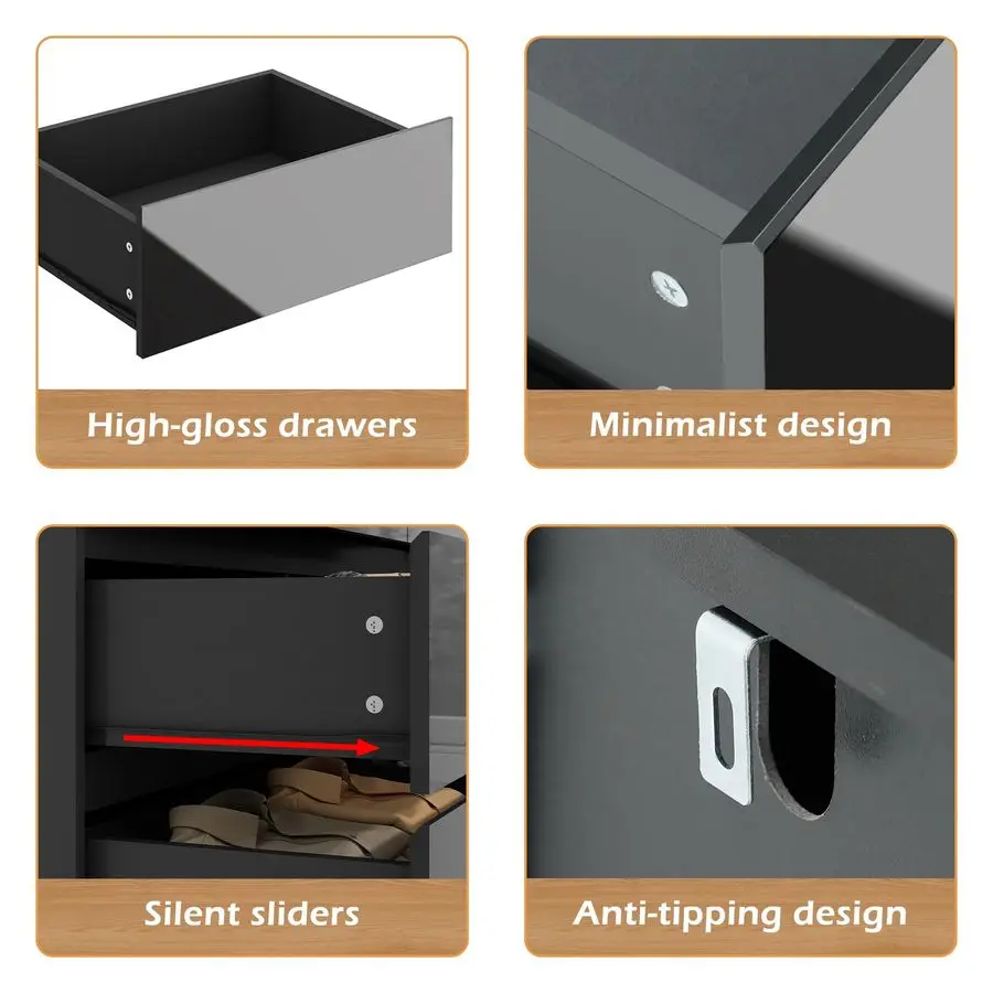 خزانة ذات أدراج لغرفة النوم، خزانة ذات أدراج عصرية بسيطة، خزانة خشبية عالية اللمعان مع إطار قوي، بدون مقبض