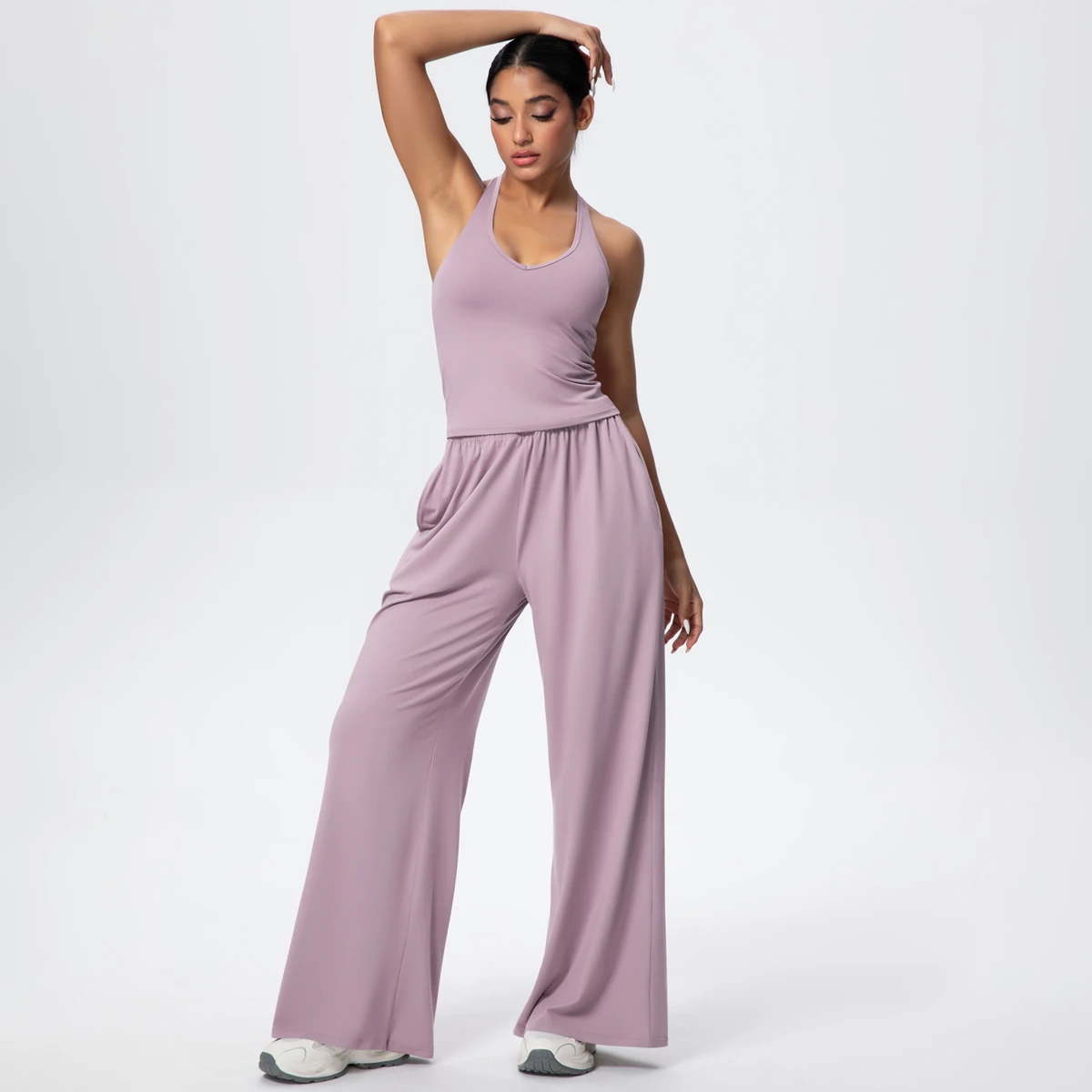 2PCS/set Solid Color Slim Casual Quick-Dry Woman Yoga Set Beautiful Back I-shaped Vest Loose Wide Leg Pants Gym Sports Yoga Suit
