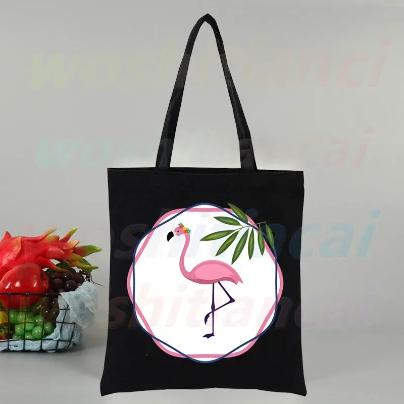 Flamingo Large Women's Shopper Bag Canvas Tote Shoulder Bags Shopping Bag with Print Black Cloth Handbags Eco Friendly