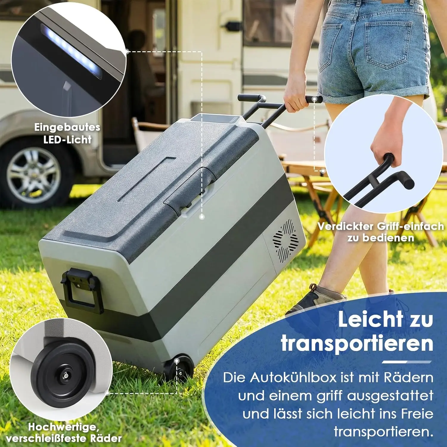 Glacière à compresseur, 44,4 L, avec lumière LED et roues, modes MAX/ECO, jusqu'à -20°C °C Glacière de voiture DC 12/24V, AC100-240V