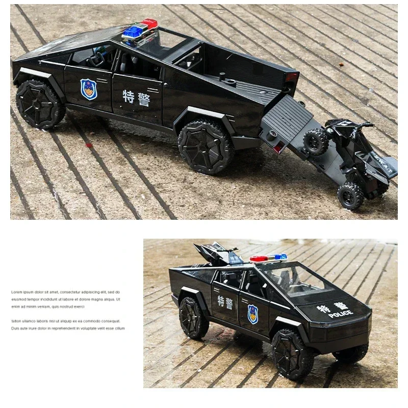Coche de policía Tesla pickup 1:24, modelo de aleación de Metal fundido a presión de alta simulación, luz de sonido, colección extraíble, regalos de juguetes para niños