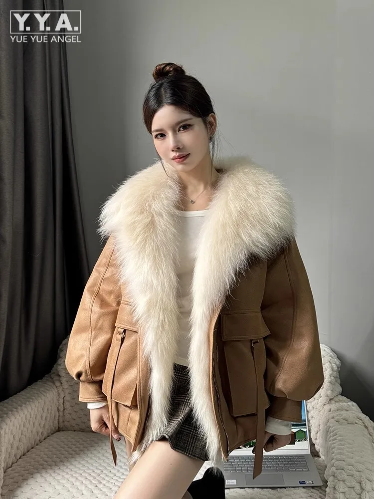 Winter Women Loose Fit Thick Warm Down Jacket Raccoon Fur Collar Faux Leather Motorcycle Overcoat Casual Streetwear Outwear Coat