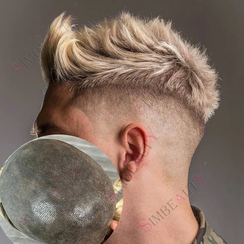 شعر مستعار طبيعي 0.06 مللي متر غير مكتشف شعر مستعار رقيق من الجلد الصغير أومبير بني فاتح جذر أشقر 4t/613 #   شعر بشري اصطناعي Vloop للرجال شعر مستعار #1