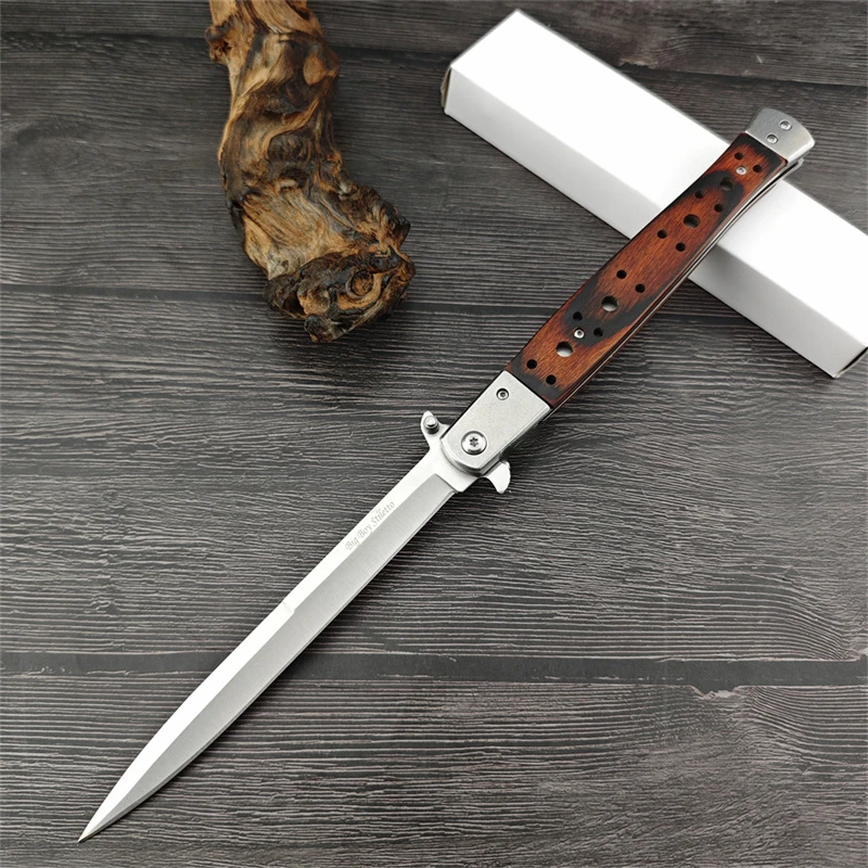 Long Size Tactical Folding Pocket Knife 440C Blade Wood Handles Camping EDC Hunting Knife Self Defense Knives Tools