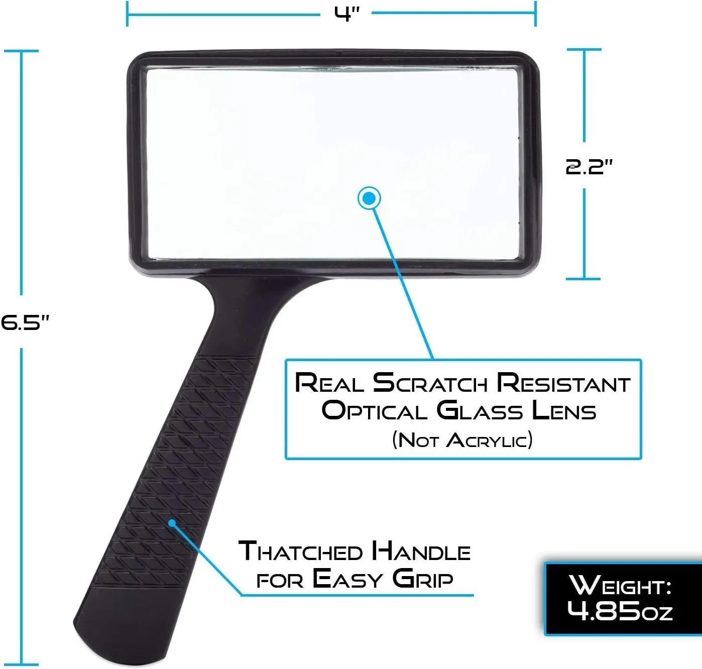 Ultra Large Rectangular Hand-held Magnifier 3X Magnification Scratch-Resistant Glass Lens  Large Horizontal Viewing Angle