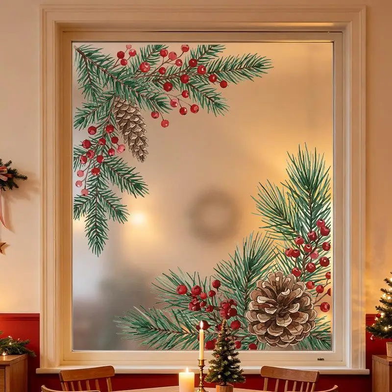 Christmas Pine Branch Window Sticker Holly Berry Pine Cone Corner Static Cling Watercolor Reusable For Winter Holiday Decoratio