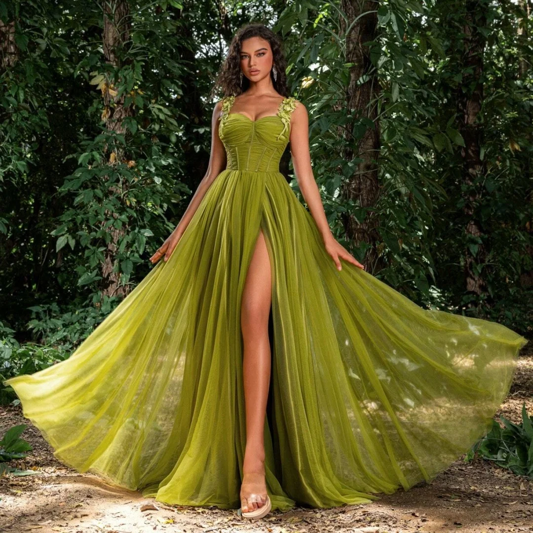 

Green High Slit Evening Dresses Woman Floral Straps vestidos de noche Tulle Prom Dress Graduation Party Gowns Customized