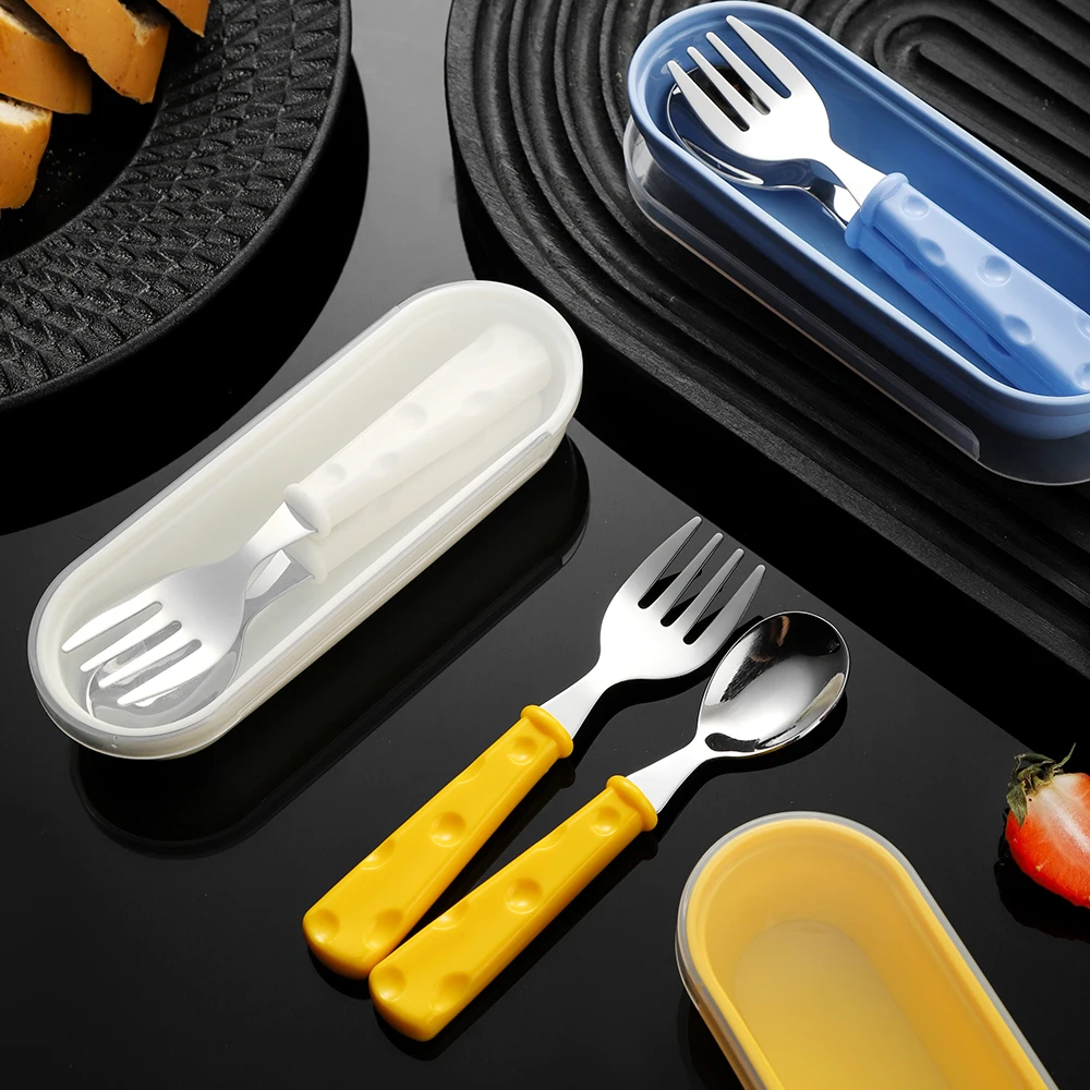 2pcs 304 Stainless Steel Spoon Fork Set with Case,Portable Baby Feeding Cutlery, Utensils for Outdoor, Travel