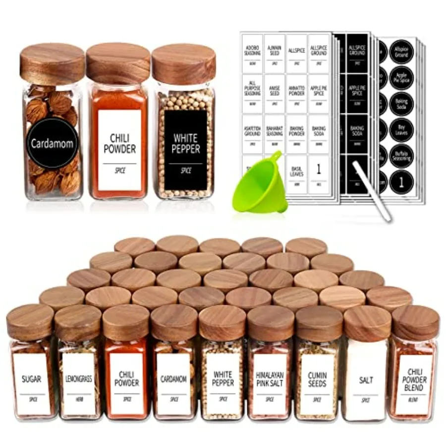 

Churboro 24 Spice Jars with 547 Labels Glass Spice Jars with Shaker Lids 4 Oz Square Spice Containers with Acacia Wood Lids Cha