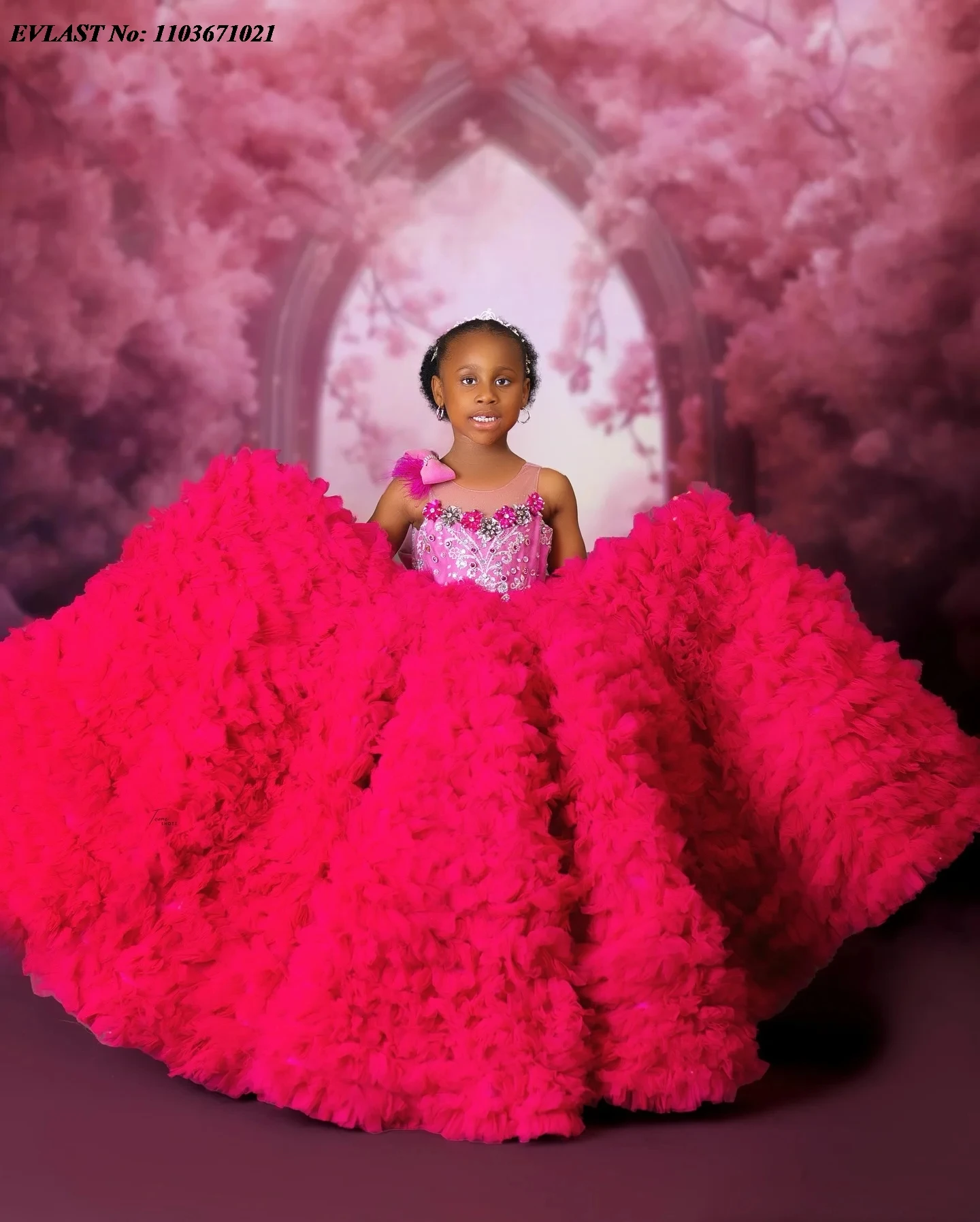 EVLAST-vestido rosa de lujo para fiesta de cumpleaños de niñas, vestido de princesa con cuentas, flores hinchadas, vestidos de baile para Sesión de fotos, FD55