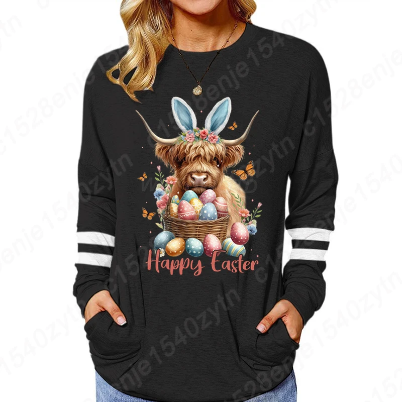 Cute Easter Highland Cow Tshirt for Women Flower Eggs Cow Cute Easter Shirt Long Sleeves Design Happy Easter Animals T Shirts