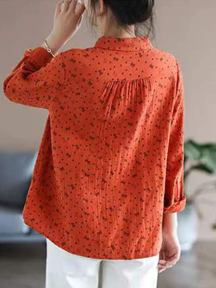 Women Long Sleeve Cotton Shirts New 2022 Autumn Simple Style Vintage Print All-match Loose Female Casual Tops Shirt B2137