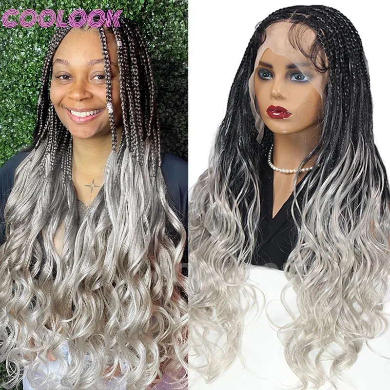 

Colored Synthetic Box Braided Wig Wavy Ends Full Lace Afro Braiding Hair Jumbo Braided Wig Knotless Cornrow Box Braids Wig Women