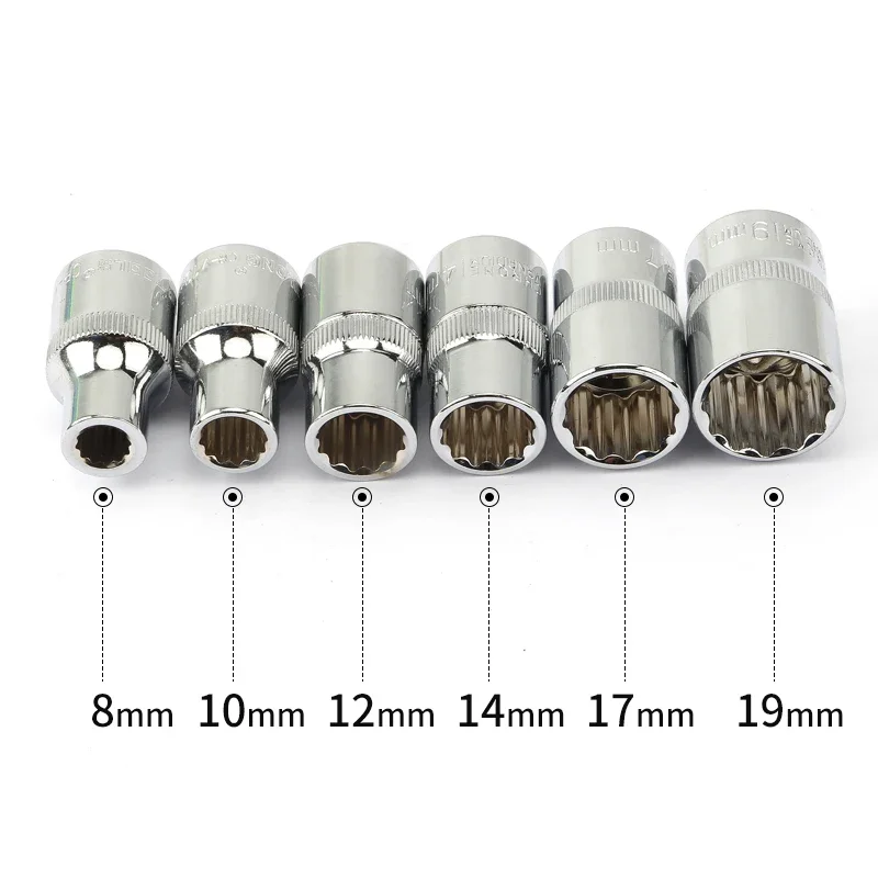 6Pcs 12 Point 1/2 Inch Drive Sockets Set Metric Mirror Socket for Wrench Cr-V Steel 8 10 12 14 17 19mm