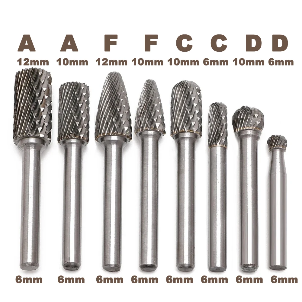 8pc/set 6mm Shank Double Cut Carbide Rotary Burr Bur Die Grinder Carving Bit 6mm/10mm/12mm Head A C D F Rotary Burr